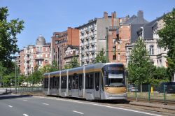 Straßenbahn Brüssel Bruxelles Tram Bombardier Flexity Outlook vor schönen Altstadthäusern nahe der Haltestelle Petillon