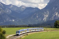Dieseltriebwagen LINT 81 BRB Bayrische Regiobahn mit Schloss Neuschwanstein und Alpenpanorama bei Füssen