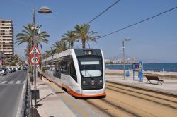 Straßenbahn Alicante mit Palmen, Strand und Mittelmeer