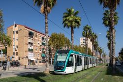 Straßenbahn Barcelona Tram Alstom Citadis 302 auf Rasengleis mit Palmen