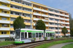 Straßenbahn Dessau Tram Bombardier Flexity Classic mit Plattenbauten in Zoberberg 
