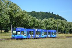 Straßenbahn Freiburg im Breisgau Tram Duewag GT8Z mit Werbung für Seilbahn Schauinslandbahn bei Günterstal